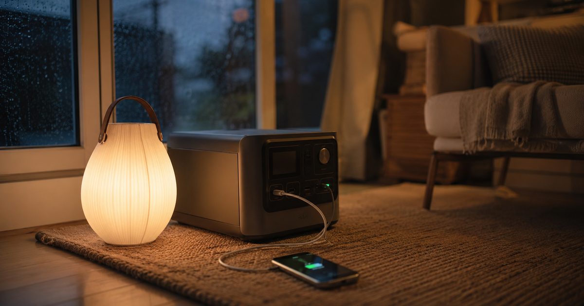 停電時に室内でポータブル電源とランタンでスマホを充電している様子